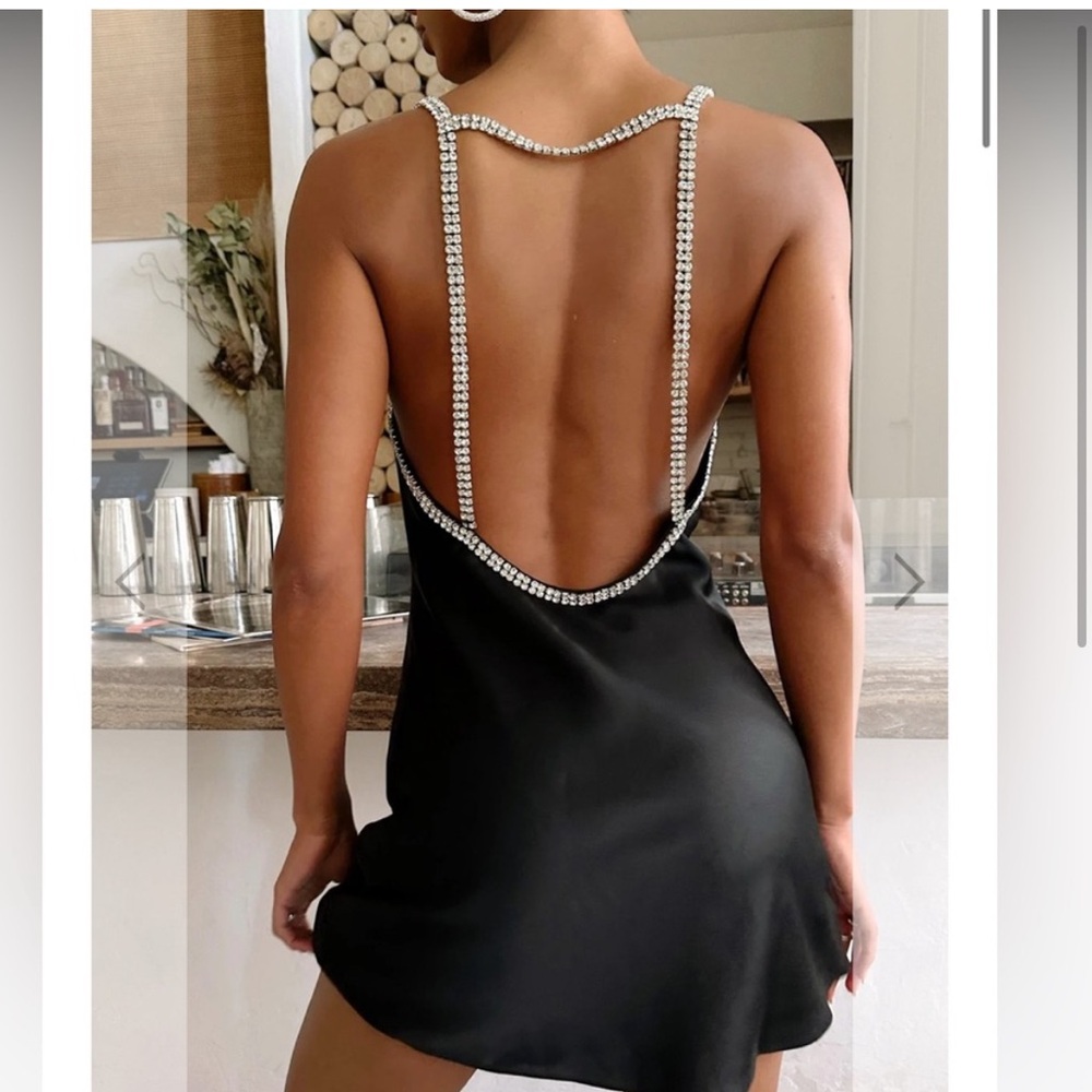 Show Me Your Mumu Black Satin Dress with Rhinestone Straps
